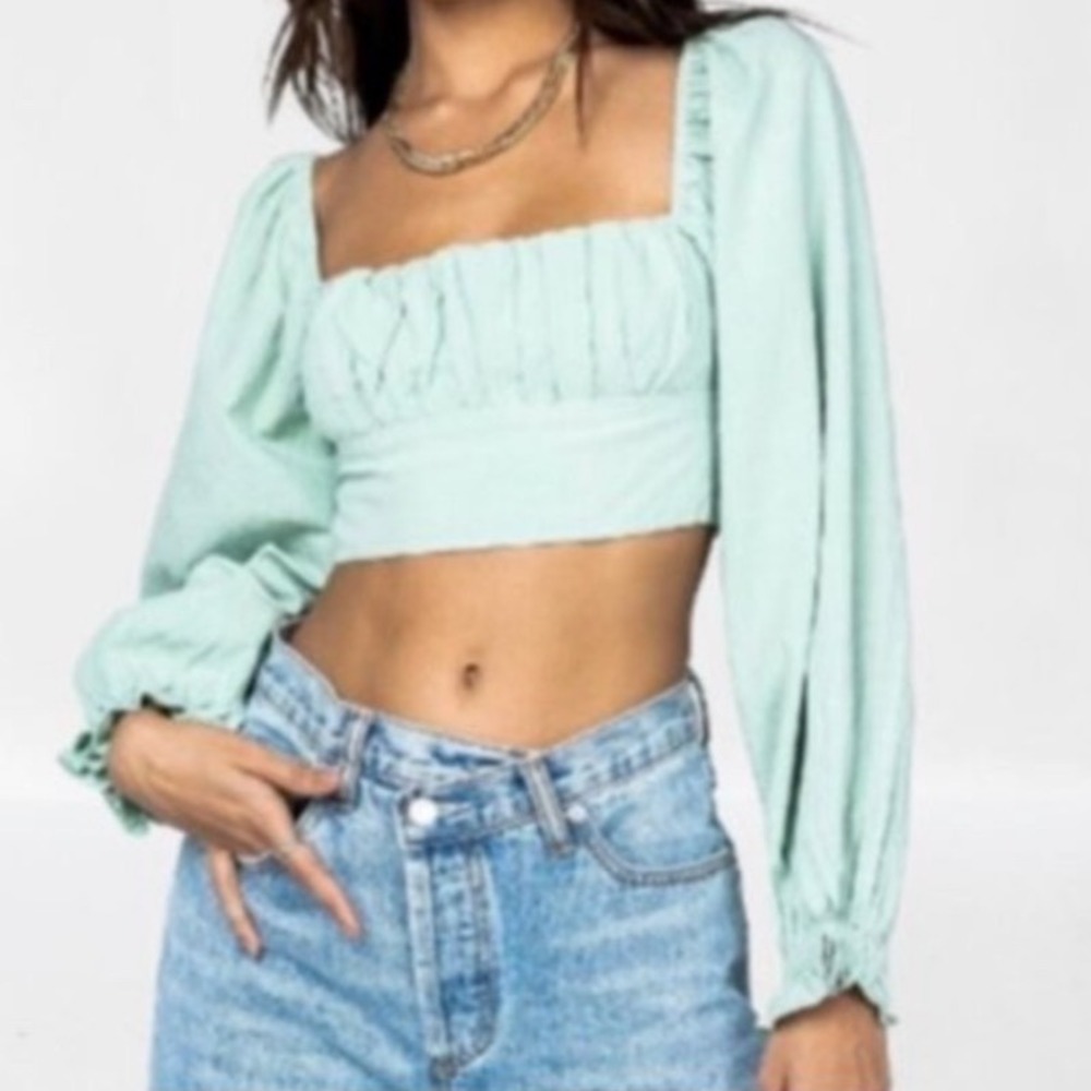 Princess Polly Milkmaid‎ Ruched Crop Top Sz 4 Sage Green Balloon Sleeve Tie Back